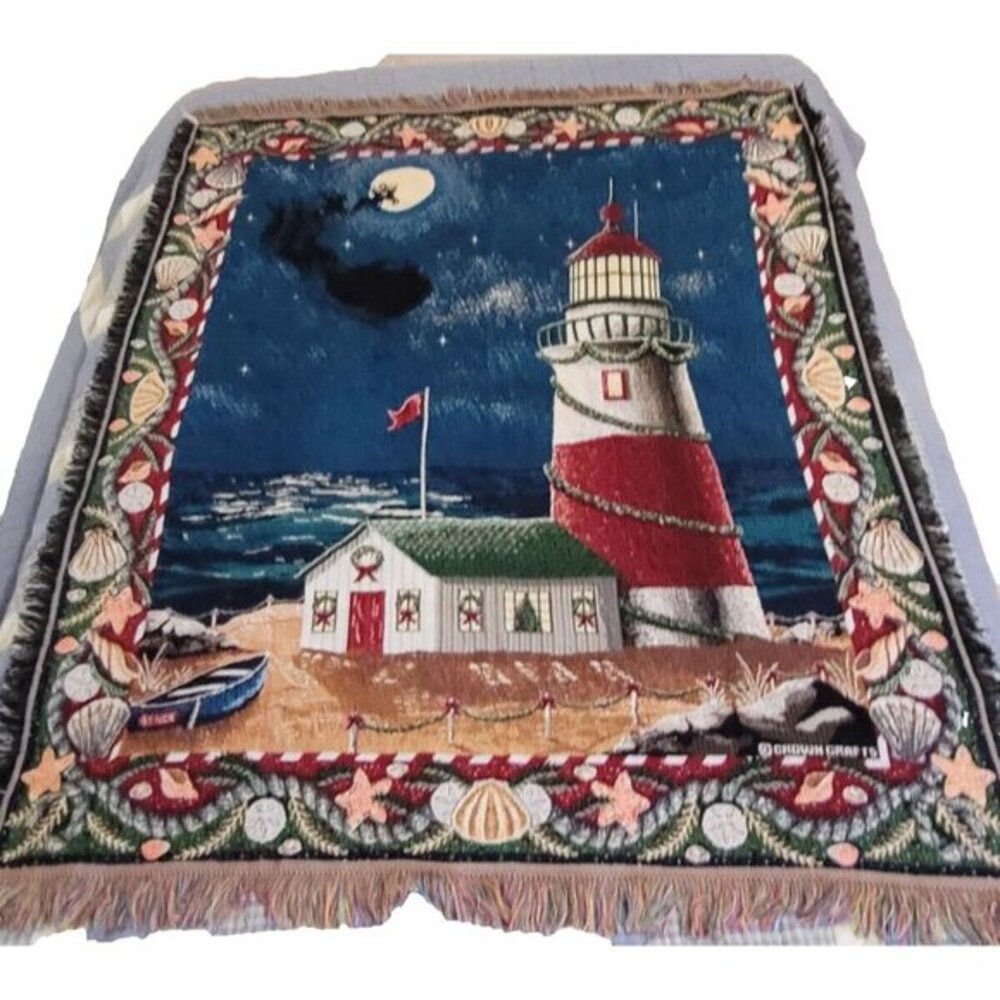 Crown Crafts Light House Tapestry Blanket Santa Reindeer‎ Christmas Woven Throw
